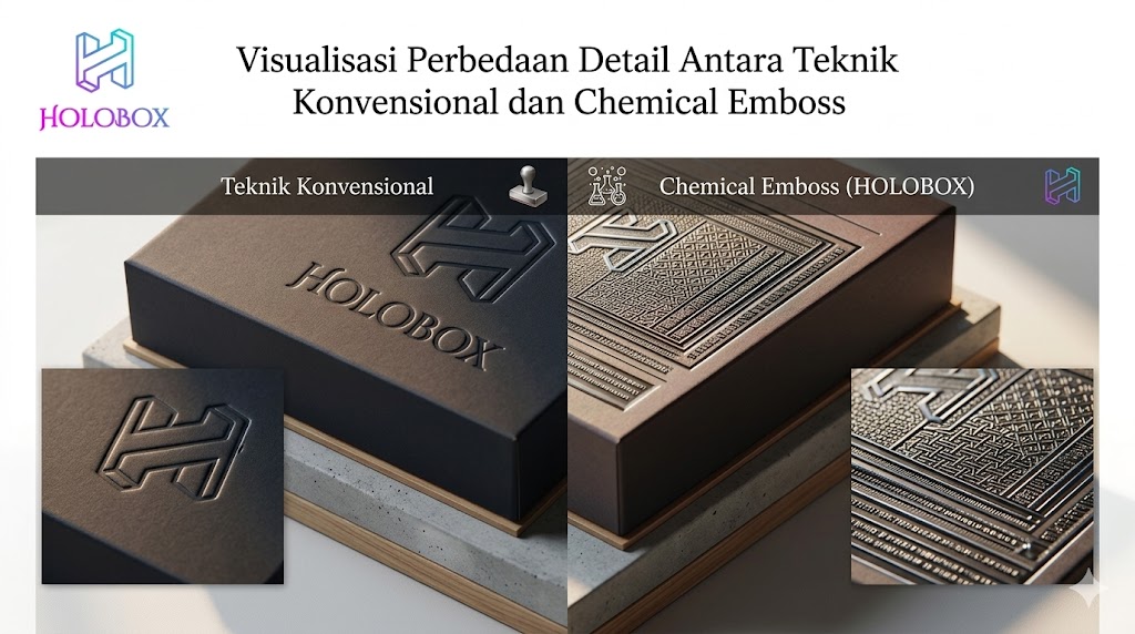 Perbandingan tekstur chemical emboss dan emboss konvensional pada box premium