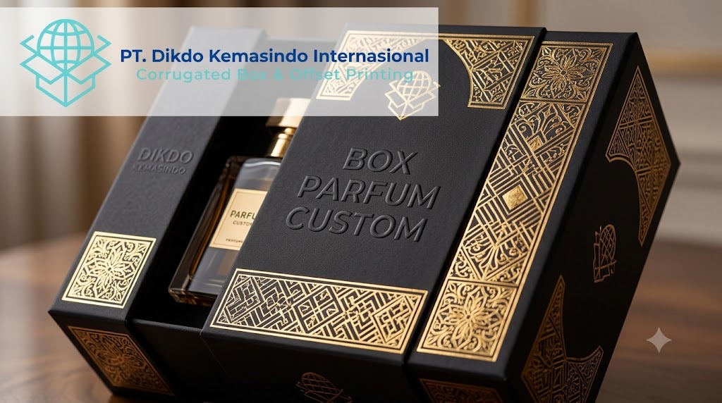 Box parfum custom premium dengan finishing hot foil dan emboss dari Dikdo Kemasindo
