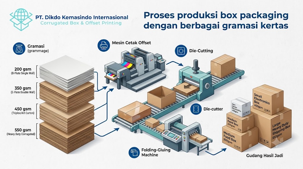 Proses produksi box packaging dengan berbagai gramasi kertas di PT Dikdo Kemasindo